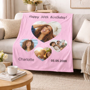 Verjaardagsnaam foto hart collage roze fleece deken