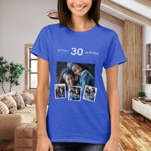 Verjaardagsnaam leeftijd fotocollage blauw t-shirt