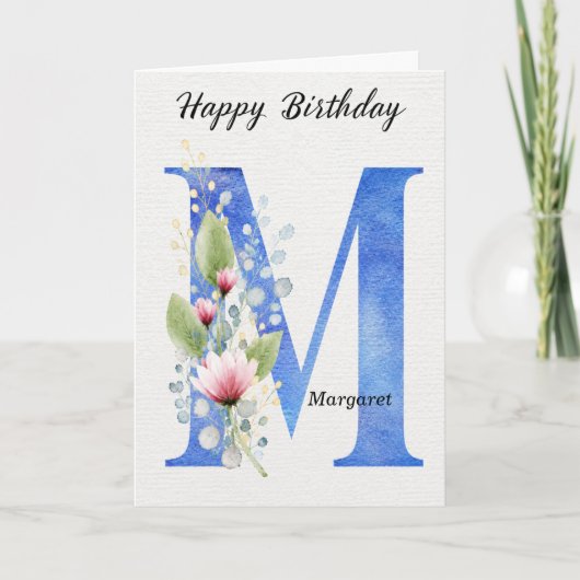 Verjaardagsnaam met letter M haar blauwe monogram Kaart (Voorkant)