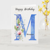 Verjaardagsnaam met letter M haar blauwe monogram Kaart (Gele Bloem)