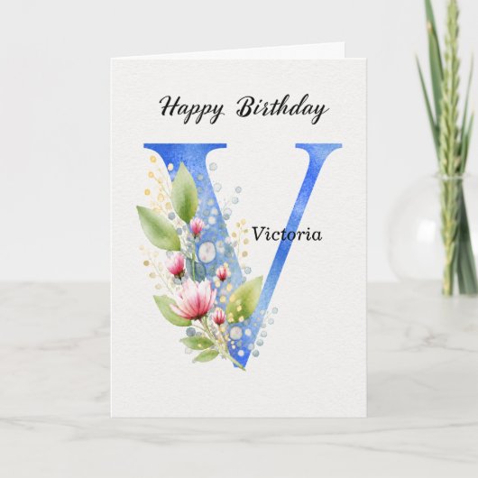 Verjaardagsnaam met letter V, haar blauwe monogram Kaart (Voorkant)