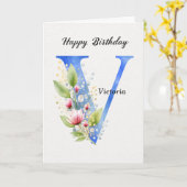 Verjaardagsnaam met letter V, haar blauwe monogram Kaart (Gele Bloem)