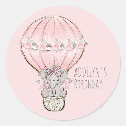 Verjaardagsnaam prinses olifant ballon meisje ronde sticker (Voorkant)
