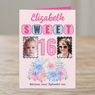 Verjaardagsnaam Sweet 16 2 foto's bloemrijk roze Kaart
