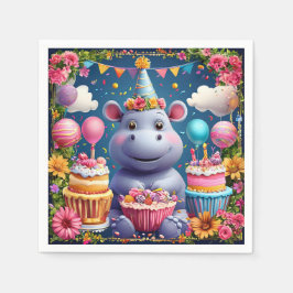 Verjaardagsnijlpaard met cake en ballonnen servet