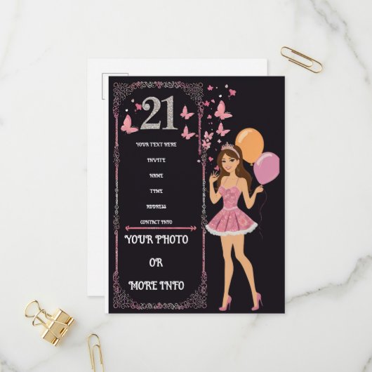 Verjaardagsontwerp met gepersonaliseerde foto-opti uitnodiging briefkaart (Voorkant / Achterkant in situ)