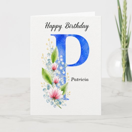 Verjaardagsontwerp met letter P, blauwe monogram e Kaart (Voorkant)