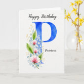 Verjaardagsontwerp met letter P, blauwe monogram e Kaart (Gele Bloem)