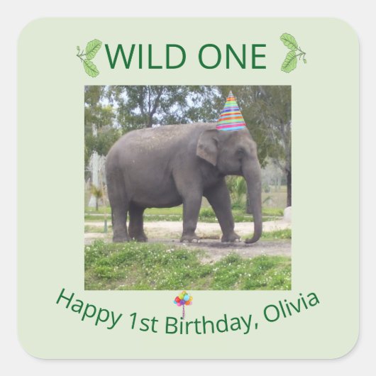 Verjaardagsontwerp met wilde olifant vierkante sticker (Voorkant)