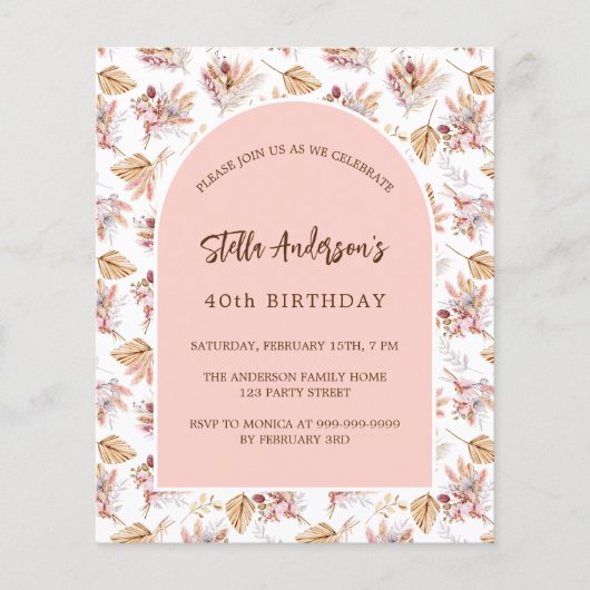 Verjaardagspampas roos gouden bloem budget uitnodi flyer (Voorkant)