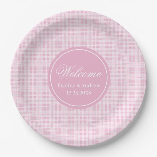 Verjaardagspapier Borden Roze Tartan Chic Monogram Papieren Bordje (Voorkant)