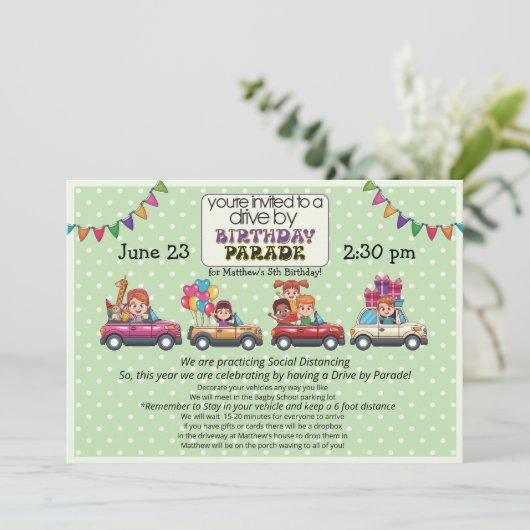 Verjaardagsparade met auto voor kind kaart (Staand voorkant)