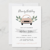 Verjaardagsparade rijden door roze auto groen blad kaart (Voorkant)