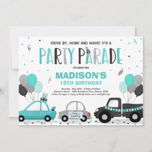 Verjaardagsparade uitnodiging teal parade (Voorkant)