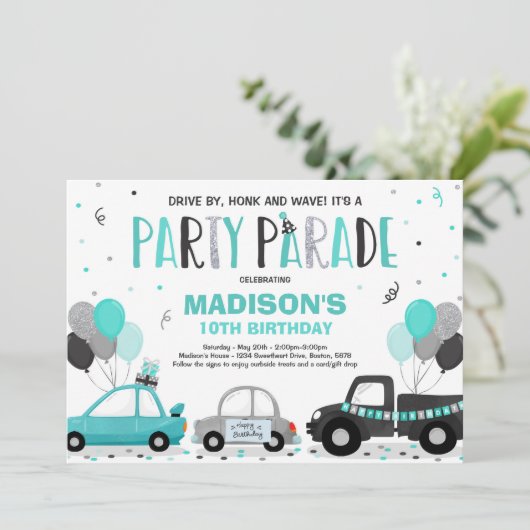 Verjaardagsparade uitnodiging teal parade (Staand voorkant)