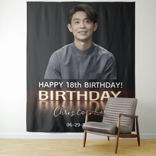 Verjaardagspartij Gepersonaliseerde Foto Neon Goud Wandkleed (In situ)