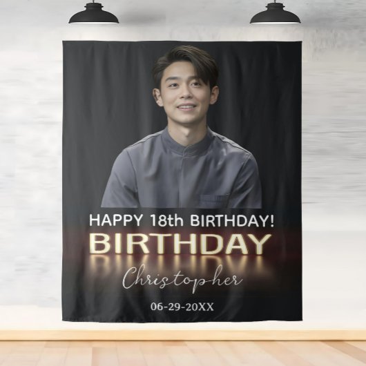 Verjaardagspartij Gepersonaliseerde Foto Neon Goud Wandkleed