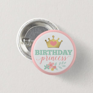 Verjaardagsprinses Gouden Kroon & Versleten Roze B Ronde Button 3,2 Cm