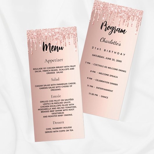 Verjaardagsprogramma Menu roos gouden glitter drup