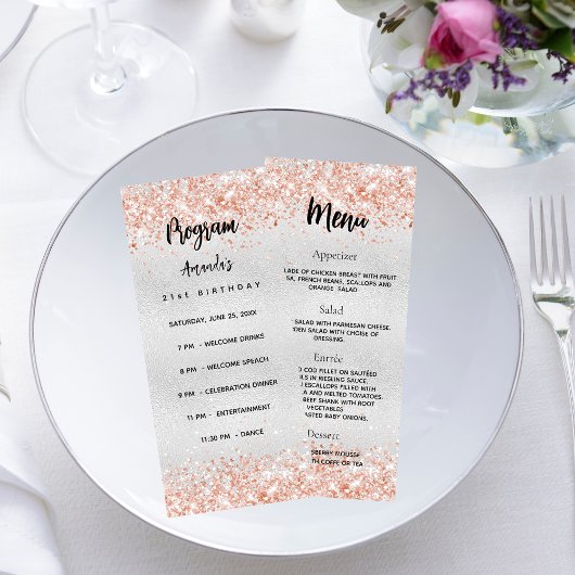 Verjaardagsprogramma Menu zilver roos gouden confe