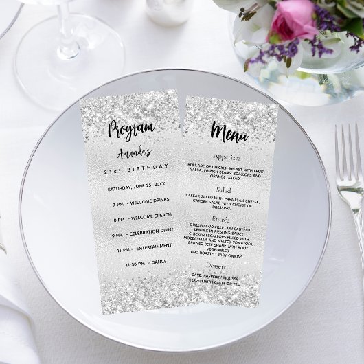 Verjaardagsprogramma Menu zilveren confetti