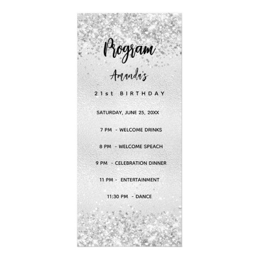 Verjaardagsprogramma Menu zilveren confetti (Voorkant)