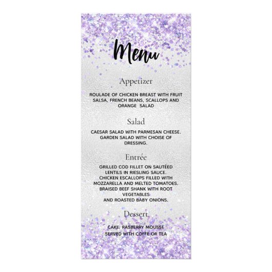 Verjaardagsprogramma Menu zilveren violette confet (Achterkant)