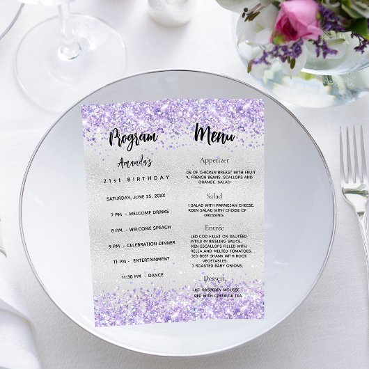 Verjaardagsprogramma Menu zilveren violette confet