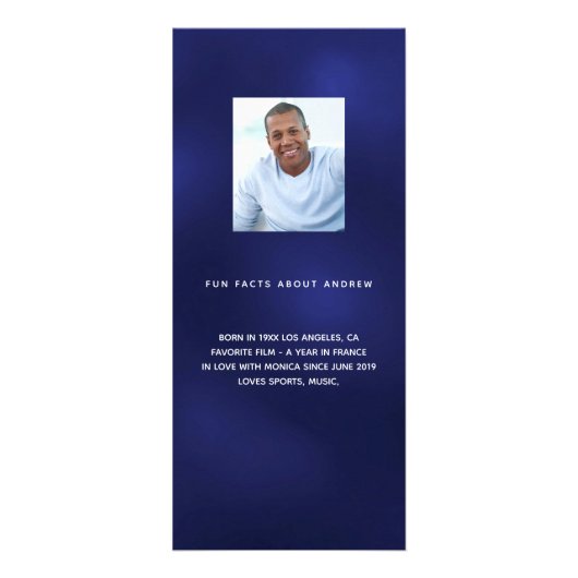 Verjaardagsprogramma navy blauwe foto leuke weetje reclamekaart (Achterkant)