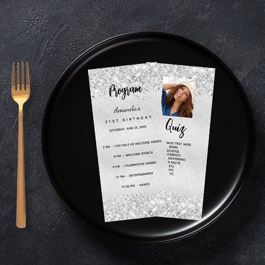 Verjaardagsprogramma Quiz zilveren foto Reclamekaart