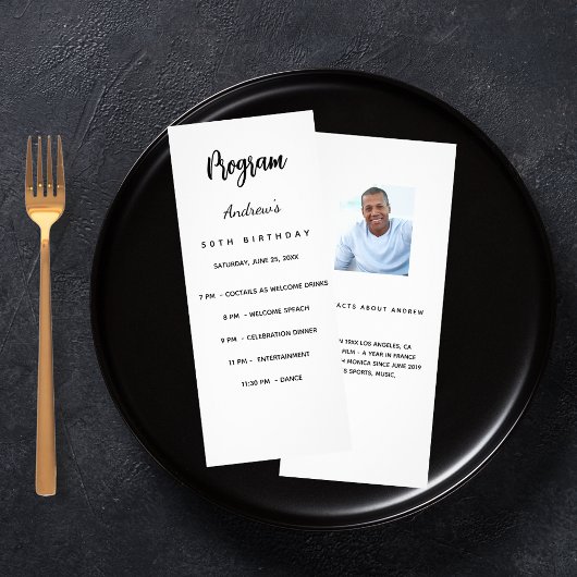 Verjaardagsprogramma zwart wit foto leuke weetjes reclamekaart