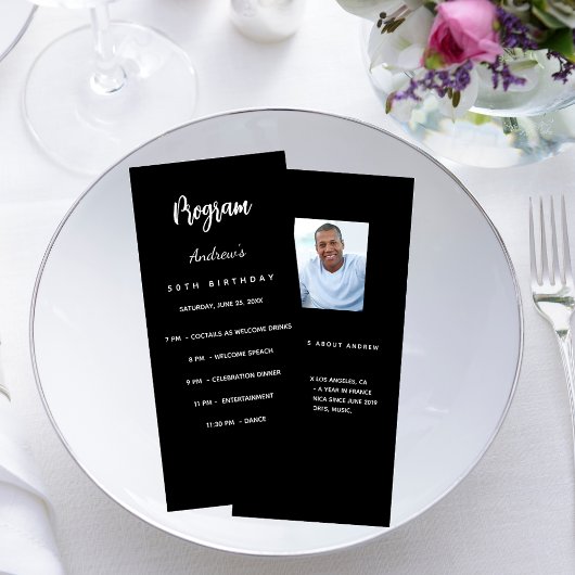 Verjaardagsprogramma zwart wit foto leuke weetjes reclamekaart