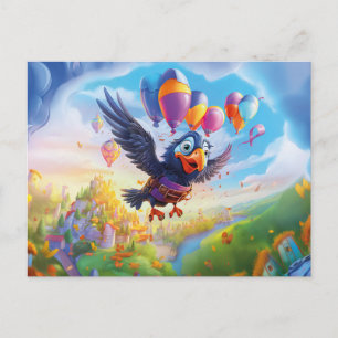 Verjaardagsraaf Met Ballonnen En Fantasie Kasteel Briefkaart