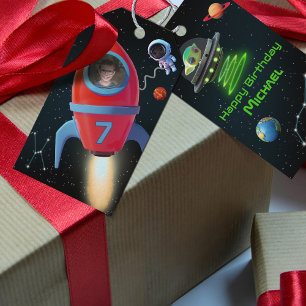 Verjaardagsraket met foto Astronaut UFO alien Cadeaulabel