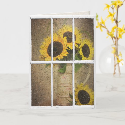 verjaardagsregen op het raam met zonnebloemen kaart (Gele Bloem)