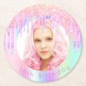 Verjaardagsregenboog glinsterende druppels op maat ronde kartonnen onderzetter (Voorkant)