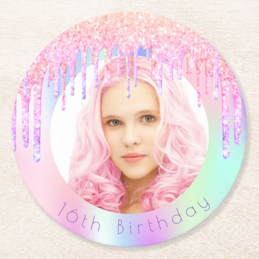 Verjaardagsregenboog glinsterende druppels op maat ronde kartonnen onderzetter (Voorkant)