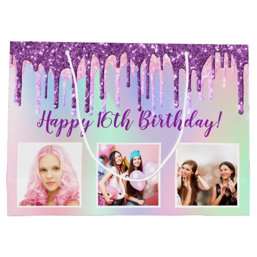 Verjaardagsregenboog paarse glitterslierten aangep groot cadeauzakje (Achterkant)