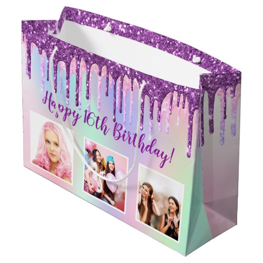 Verjaardagsregenboog paarse glitterslierten aangep groot cadeauzakje (Achterkant Gekanteld)