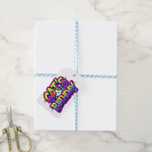 Verjaardagsregenboogstoring van kat cadeaulabel (Met Touw)