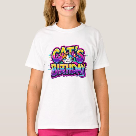 Verjaardagsregenboogstoring van kat t-shirt (Voorkant)