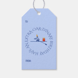 Verjaardagsroeier aangepaste tekst blauw cadeaulabel