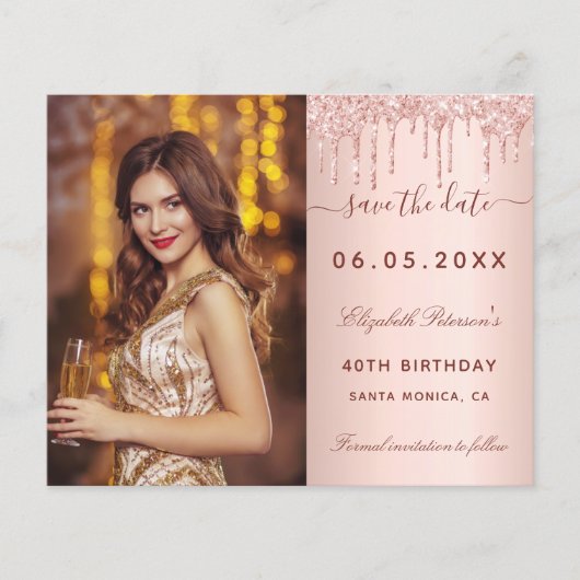 Verjaardagsroos glitters foto budget Save the Date Flyer (Voorkant)