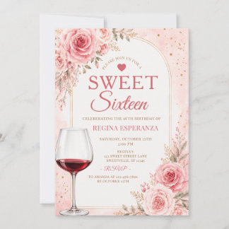Verjaardagsroze bloemengewone wijn glas voor Sweet Kaart