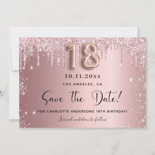 Verjaardagsroze met zilveren save the date voor 18 (Voorkant)