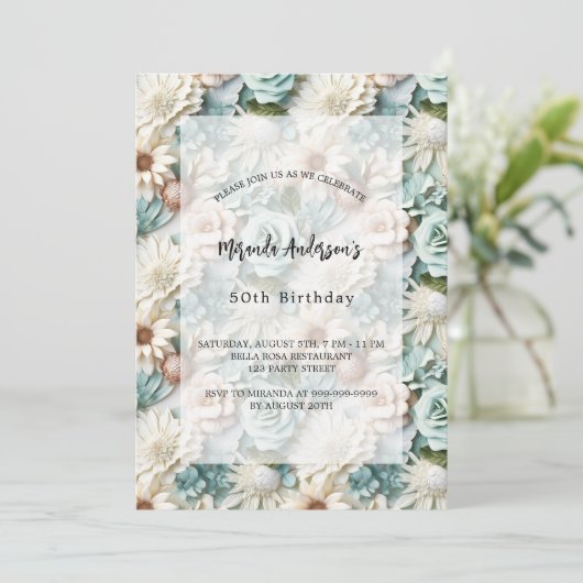 Verjaardagssalie groene witte bloemen kaart (Staand voorkant)