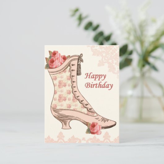  verjaardagsschoen met briefkaart en rozen (Staand voorkant)