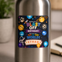 Verjaardagssticker 'Blast Off Space' voor jongens 