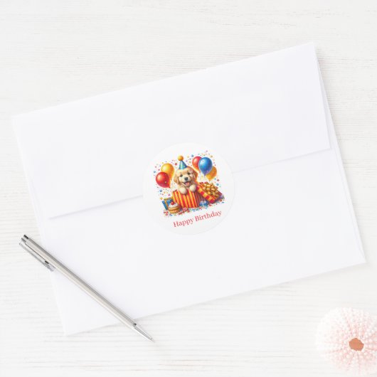 Verjaardagssticker Hondje Ronde Sticker (Envelop)