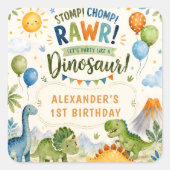 Verjaardagssticker met cute dinosaurus vierkante sticker (Voorkant)